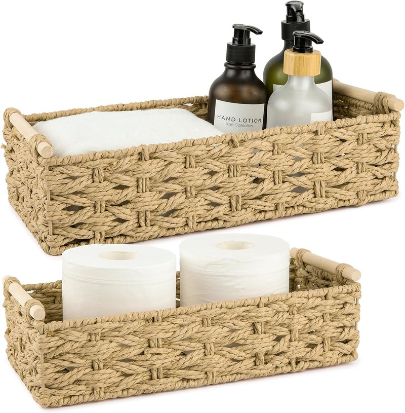 OIAHOMY Toilet Paper Baskets Handmade Paper Rope Decorative Wicker Storage Tank Shelf Cabinet Organizer for Bathroom Home, Set of 2, Yellow - Image 1